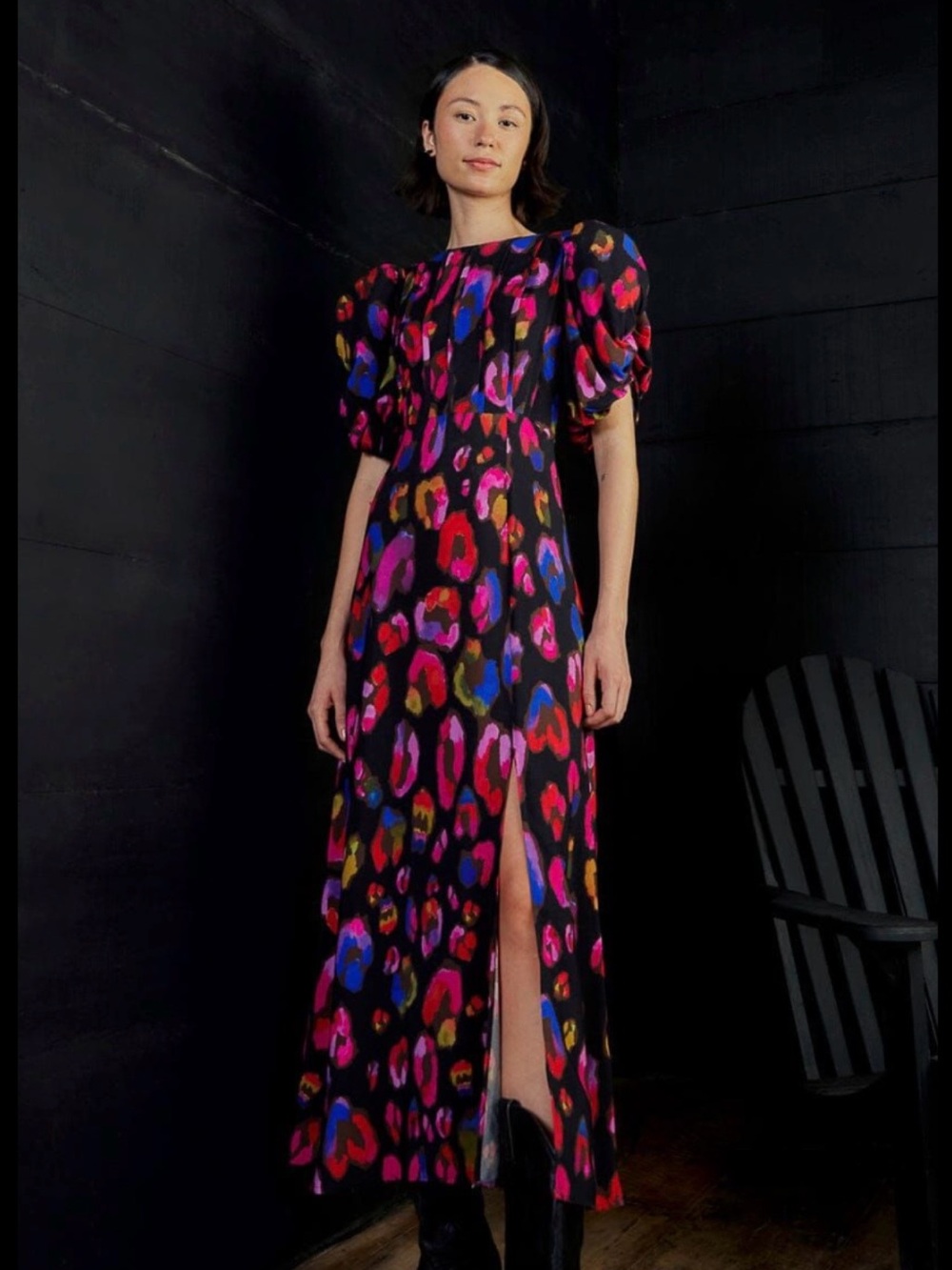 FARM Rio Black Maxi Dress with Pink, Blue, Purple and Red Abstract Print M